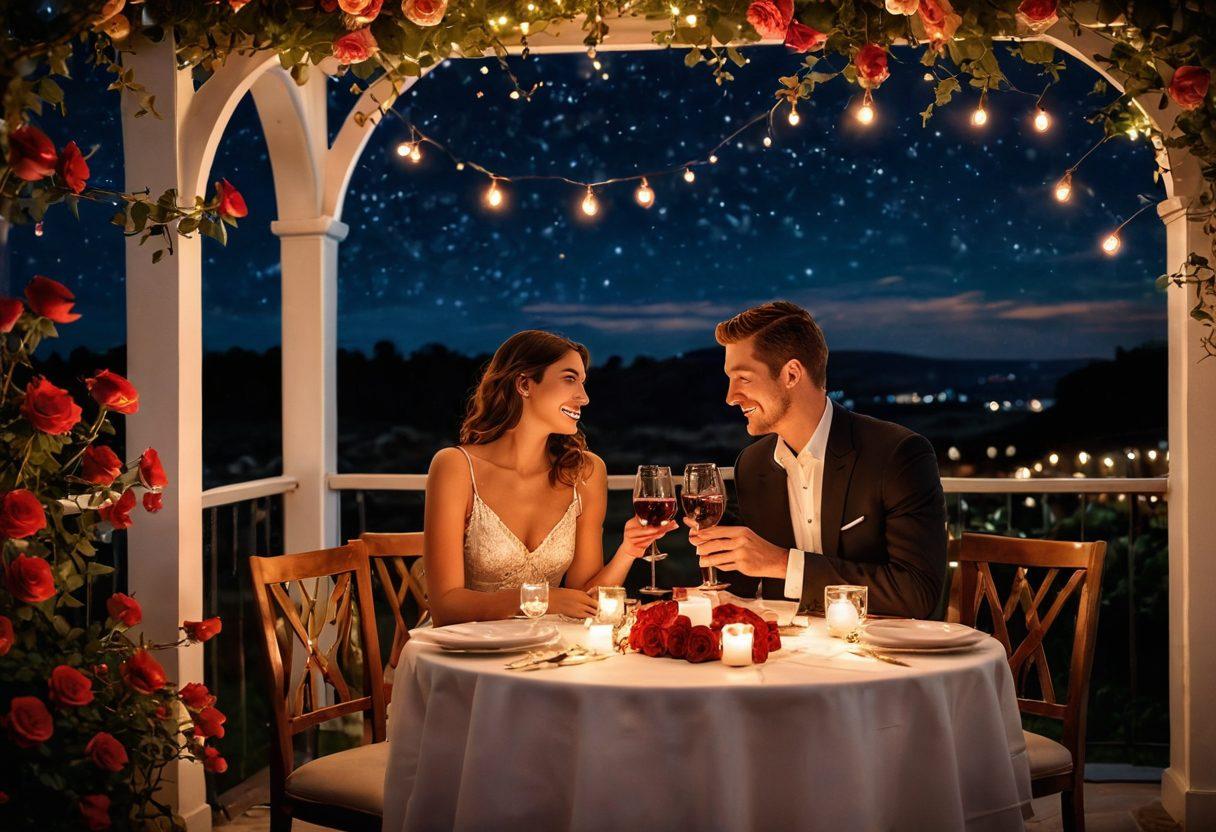 An alluring couple enjoying a candlelit dinner under a starry sky, surrounded by roses and soft, glowing lights. Emphasize their intimate connection, showcasing playful glances and smiles, with a luxurious table setting filled with wine and delicacies. Include soft, warm colors to evoke romance and desire. super-realistic. vibrant colors. atmospheric lighting.