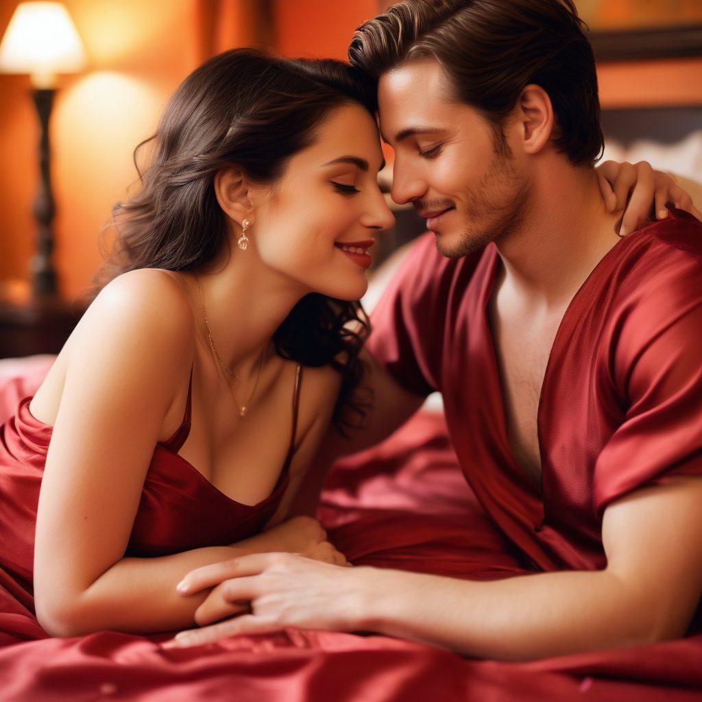 A sensual, dimly lit room featuring a couple enwrapped in a delicate embrace, their faces just inches apart with playful smiles. Soft, warm lighting and red silk sheets enhance the romantic atmosphere, while silhouettes of tantalizing elements like champagne glasses and rose petals add allure. Focus on their chemistry, capturing the essence of flirting turning into deeper intimacy. super-realistic. warm colors. soft focus.