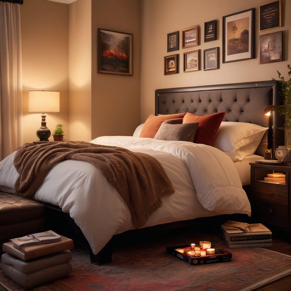 A romantic, cozy bedroom scene featuring a couple playfully interacting with modern adult entertainment products like a passion board game, mood lighting, and elegant decor. The atmosphere exudes warmth and intimacy, with soft colors and subtle textures that invite exploration. Include books about relationships on a nightstand and tasteful art on the walls to create an inspiring environment. super-realistic. warm colors. cozy ambiance.